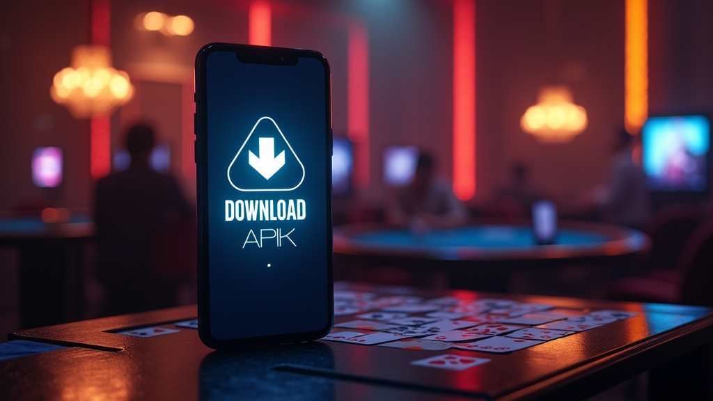 Android phone showing a casino app APK download screen in a neon-lit lobby