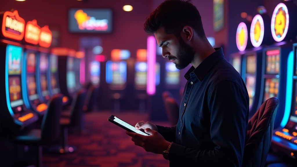 A returning player checking a loyalty bonus code on a phone in a neon casino