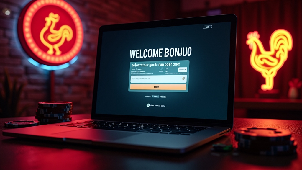 Laptop displaying a casino bonus form with a glowing promo code field in a dark neon setting