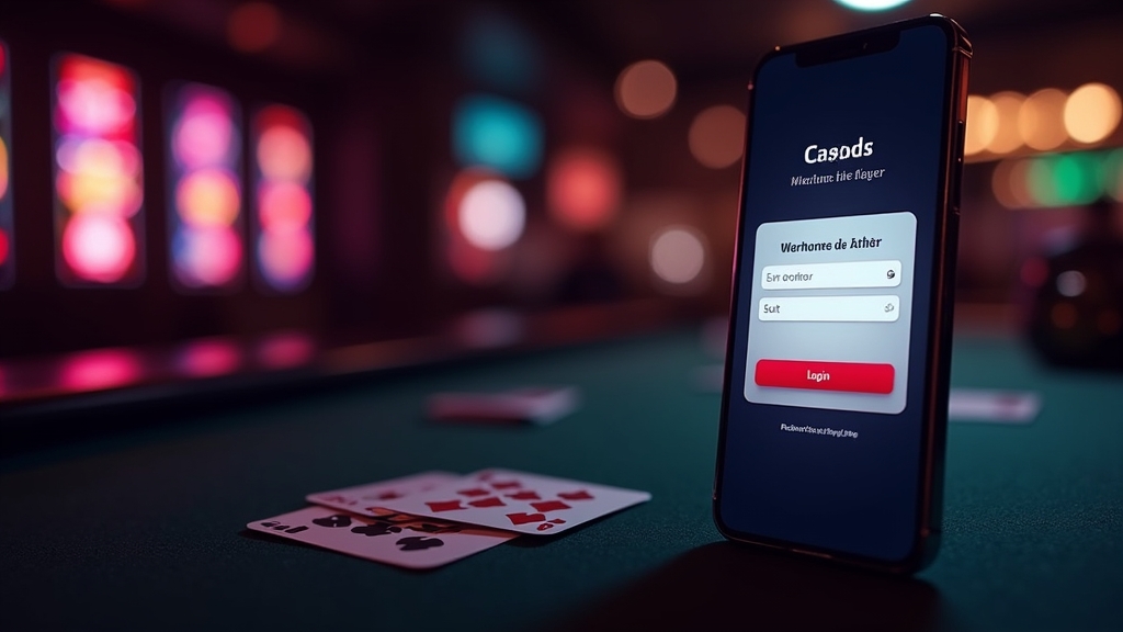 Smartphone login form in a neon casino lounge for returning players