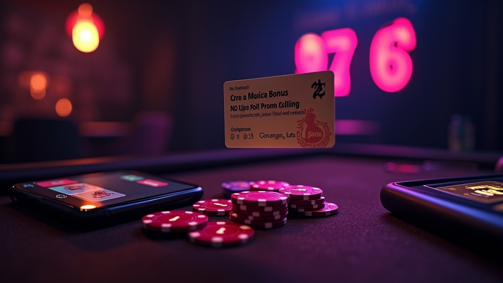 Floating no-deposit promo code card above casino chips in a dark neon scene