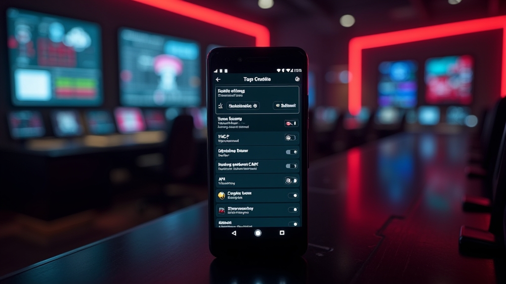Android settings and APK update screen in a dark casino control room